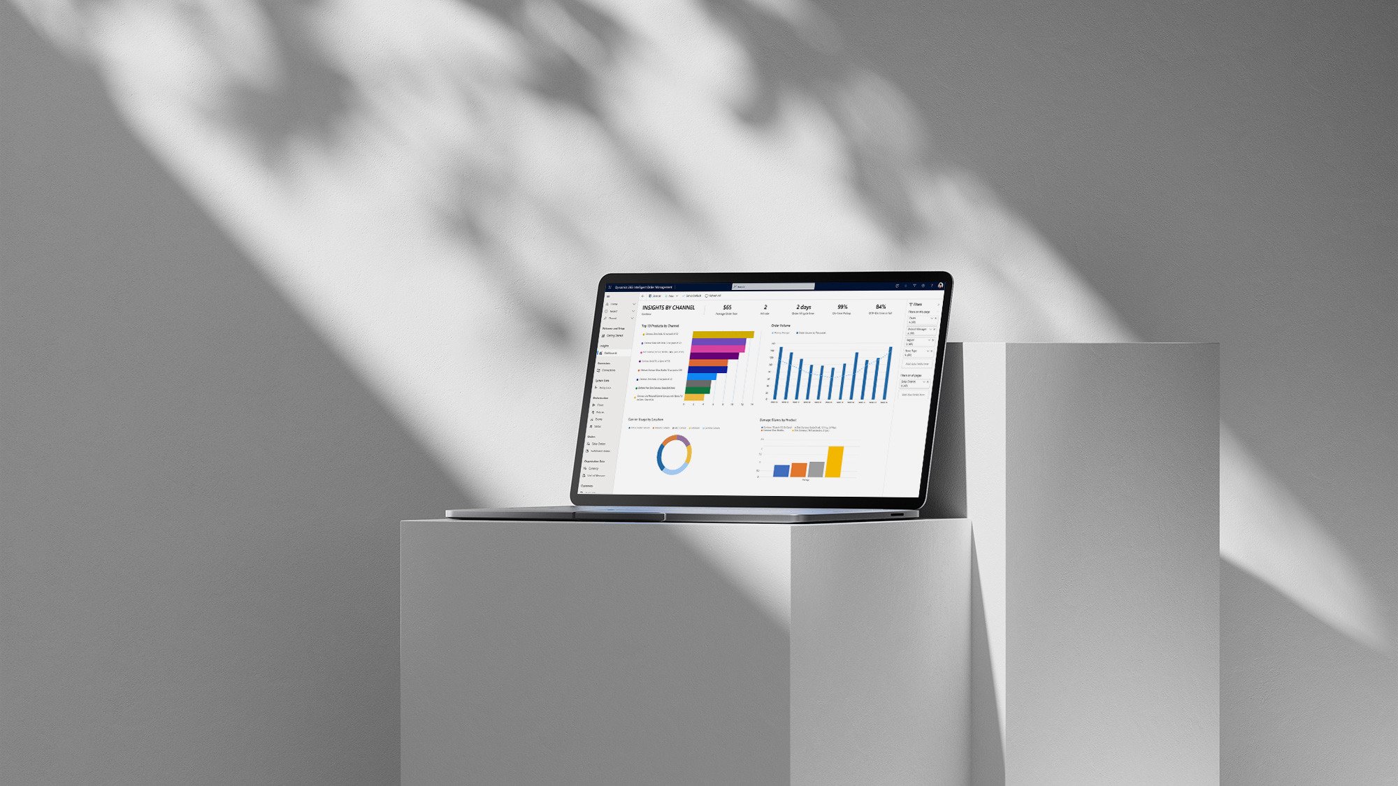 A laptop standing tall on a minimalist pedestal, proudly showing off its colorful data charts in Microsoft Business Central—casting shadows as if even data needs a dramatic spotlight